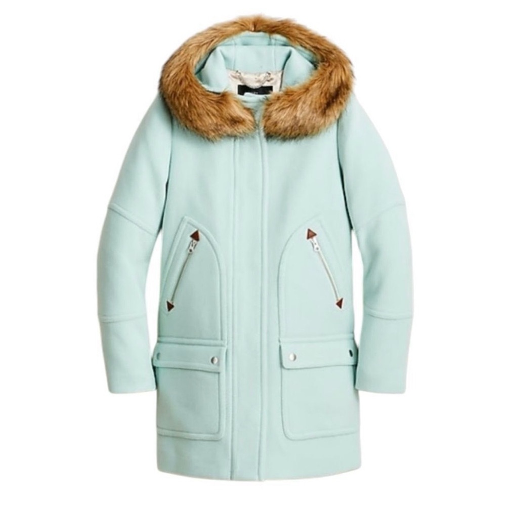 RARE.  J. CREW Chateau Parka Light Green Hooded Coat with Faux Fur Trim